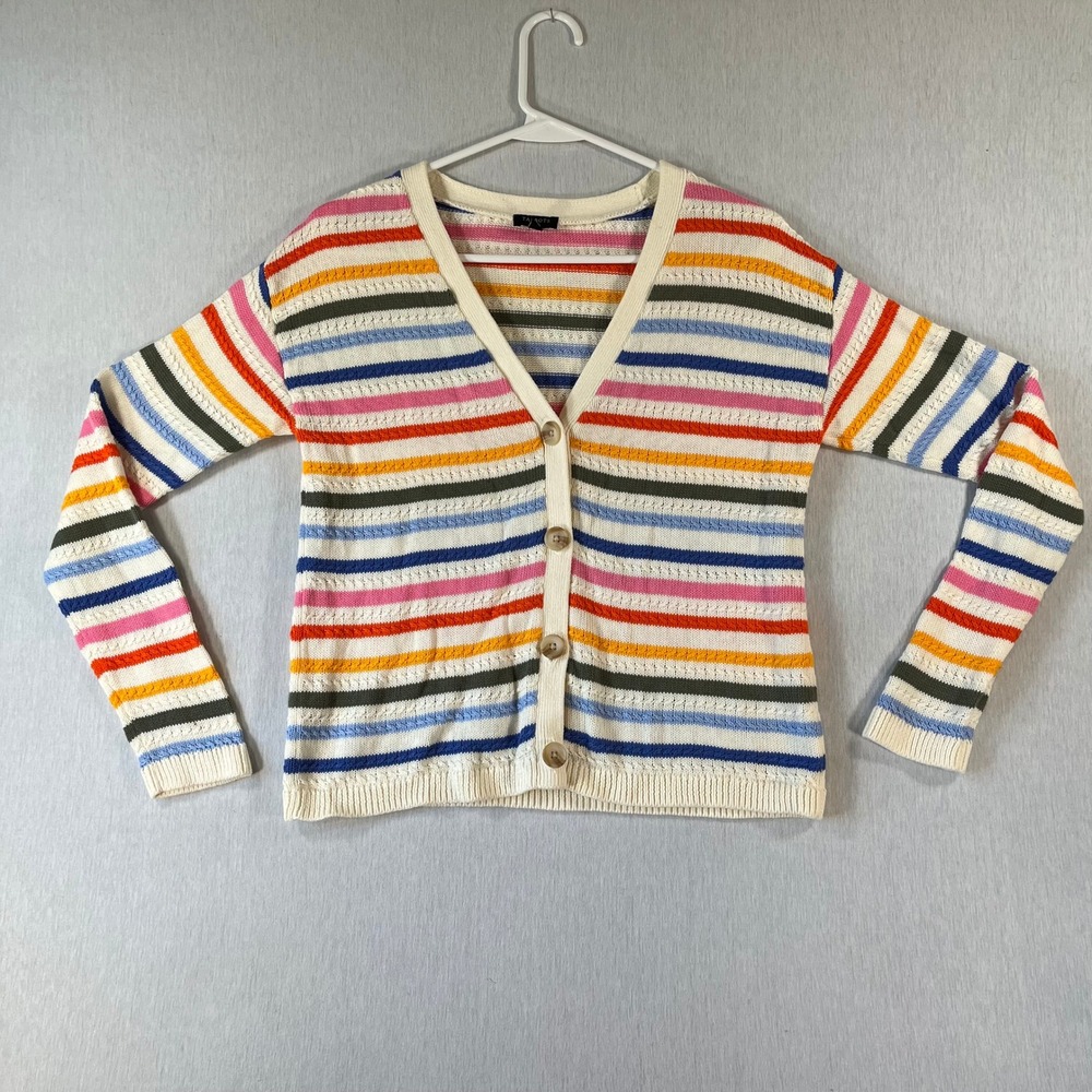 Talbots Petite Small Cardigan Sweater Striped Pointelle Cable Knit Multi Color